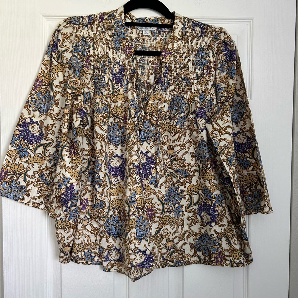 Relaxed Brown and Tan Blouse with Lace up Top and Mandarin Collar